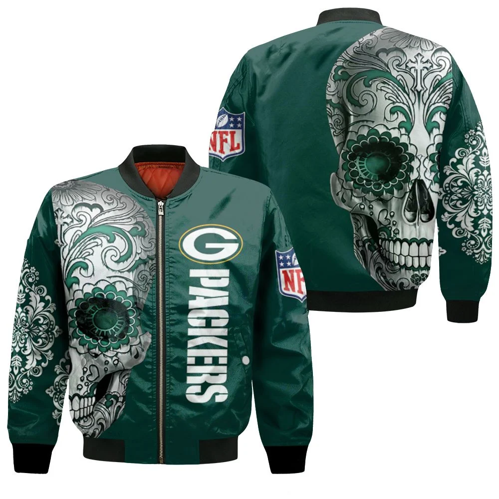 Green Bay Packers Nlf Fan Sugar Skull 3d Jersey Bomber Jacket Green Bay Packers Nlf Fan Sugar Skull 3d Jersey Bomber Jacket