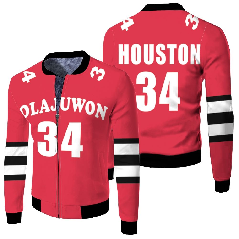 Hakeem Olajuwon Houston Rockets 1993-94 Hardwood Classics Red Jersey Fleece Bomber Jacket Hakeem Olajuwon Houston Rockets 1993-94 Hardwood Classics Red Jersey Fleece Bomber Jacket