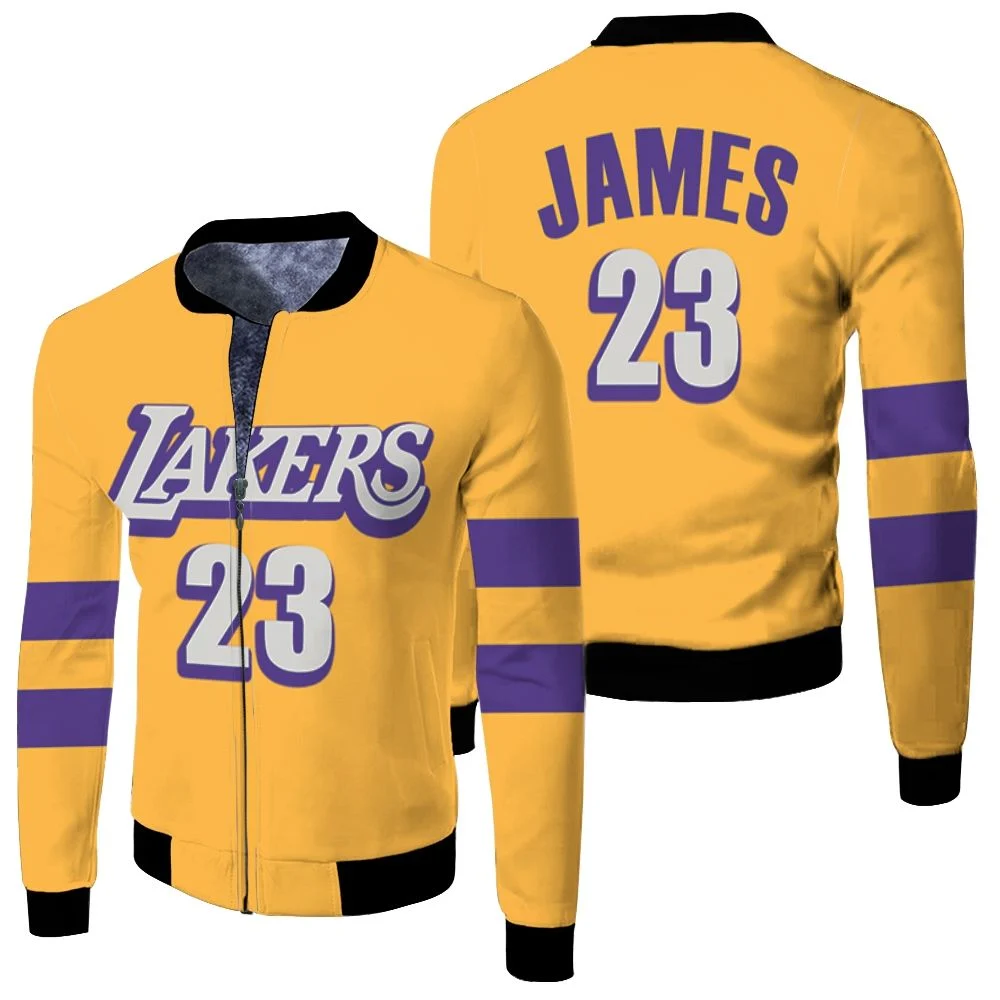 Lebron James Los Angeles Lakers 2020 Finished Swingman Yellow City Edition Jersey Fleece Bomber Jacket Lebron James Los Angeles Lakers 2020 Finished Swingman Yellow City Edition Jersey Fleece Bomber Jacket