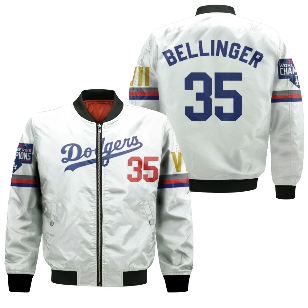 Los Angeles Dodgers Bellinger 35 2020 Championship Golden Edition White Jersey Inspired Style Bomber Jacket Los Angeles Dodgers Bellinger 35 2020 Championship Golden Edition White Jersey Inspired Style Bomber Jacket