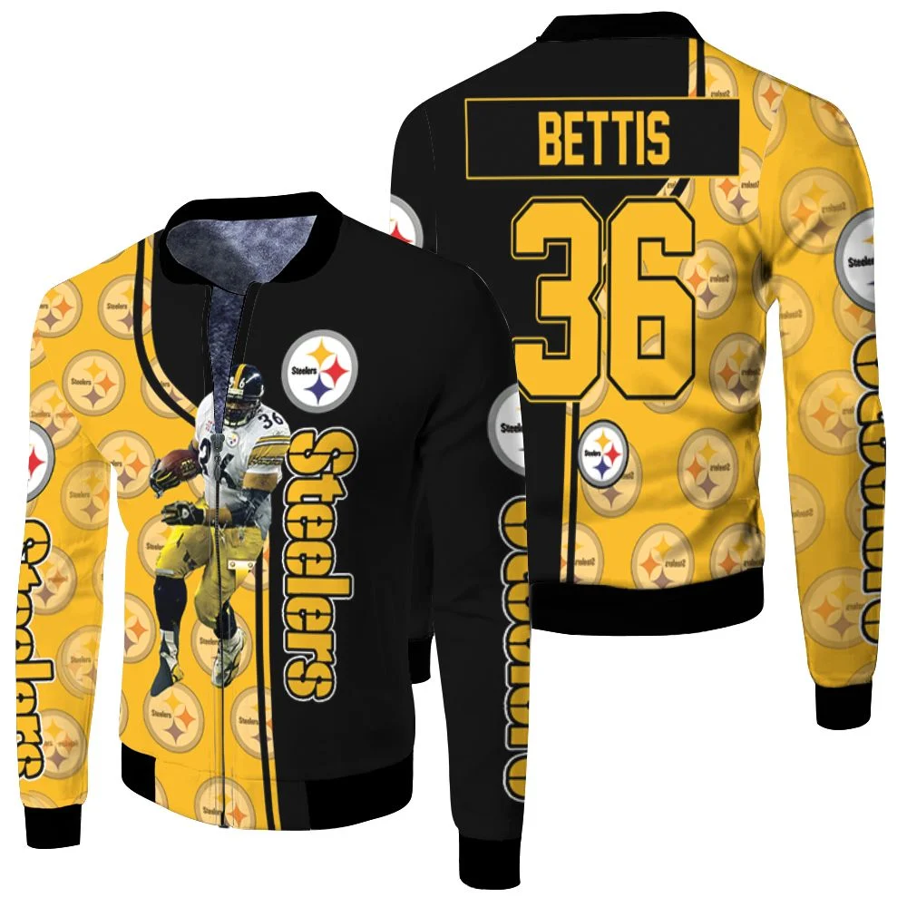 Nfl Jerome Bettis Pittsburgh Steelers Player No 36 Jersey Fleece Bomber Jacket Nfl Jerome Bettis Pittsburgh Steelers Player No 36 Jersey Fleece Bomber Jacket