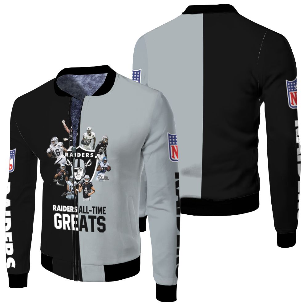 Oakland Raiders All Time Greats Players Signatures 3d Jersey Fleece Bomber Jacket Oakland Raiders All Time Greats Players Signatures 3d Jersey Fleece Bomber Jacket