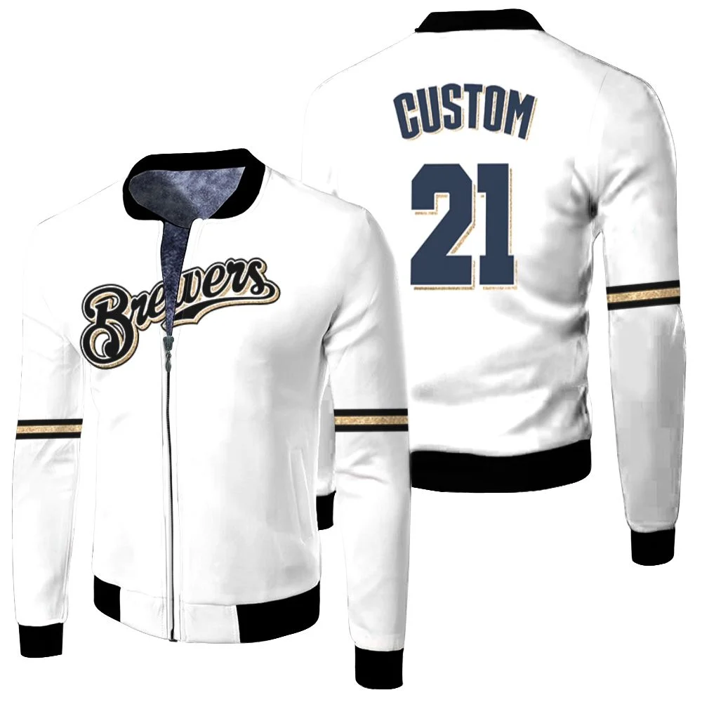 Personalized Milwaukee Brewers White Jersey Inspired Style Fleece Bomber Jacket Personalized Milwaukee Brewers White Jersey Inspired Style Fleece Bomber Jacket