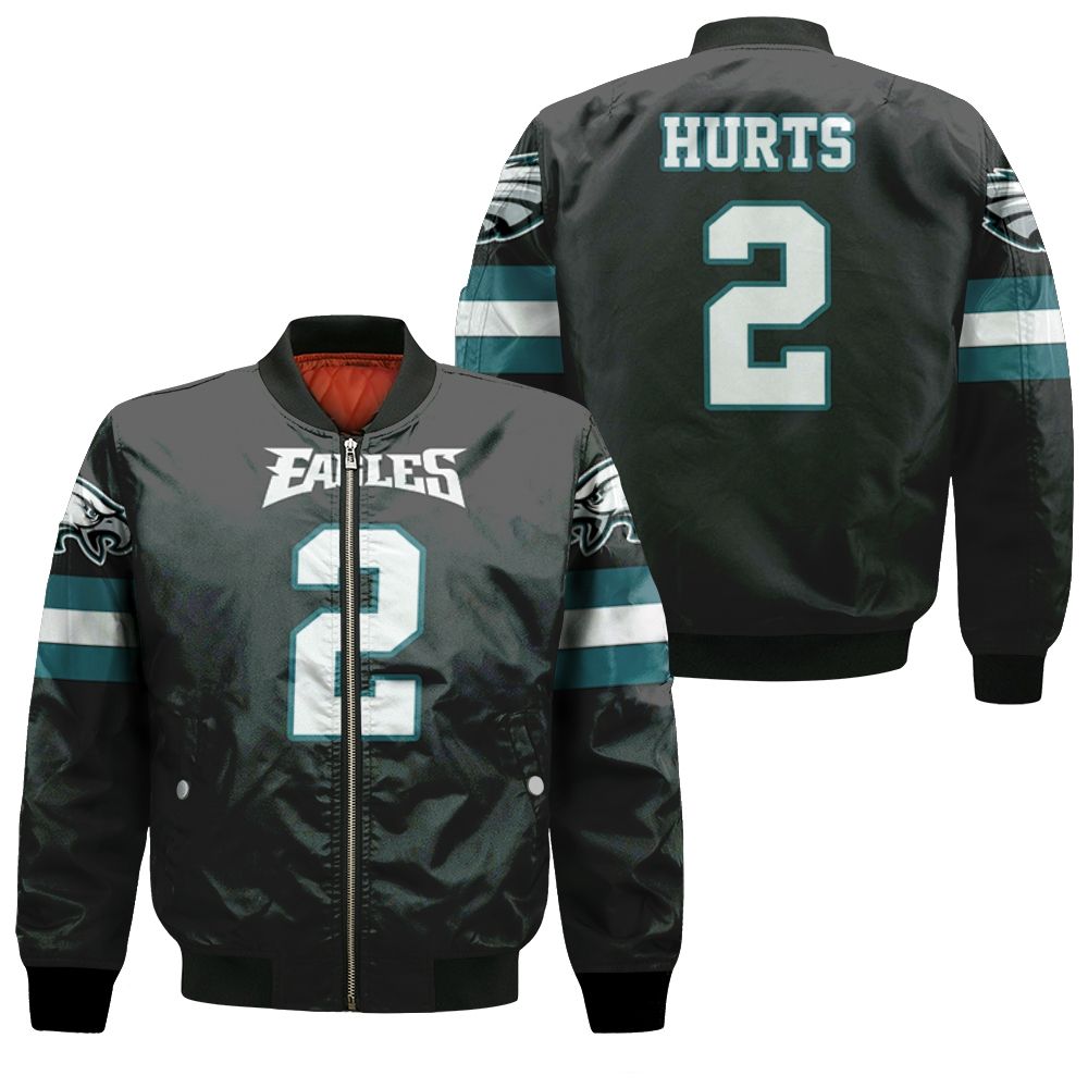 Philadelphia Eagles Jalen Hurts 2 Nfl Black Jersey Inspired Style Bomber Jacket Philadelphia Eagles Jalen Hurts 2 Nfl Black Jersey Inspired Style Bomber Jacket