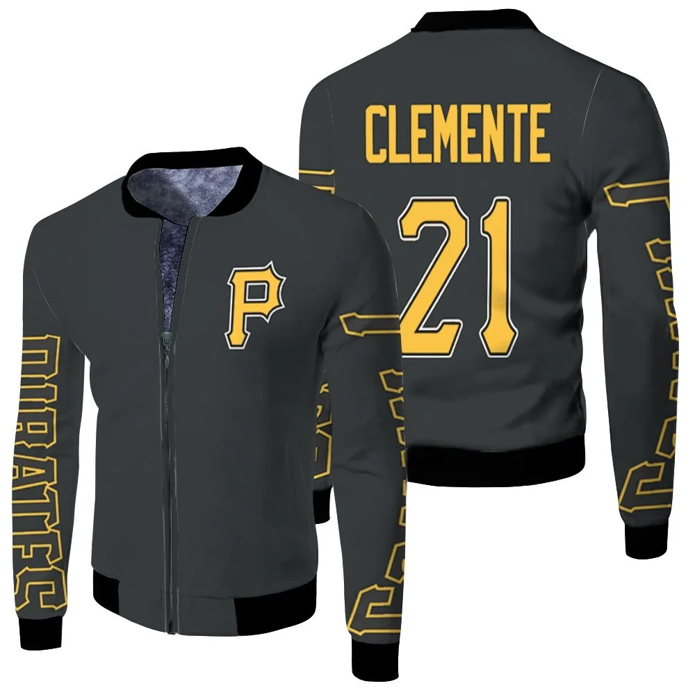Pittsburgh Pirates Roberto Clemente 21 2020 Mlb Black Jersey Inspired Fleece Bomber Jacket Pittsburgh Pirates Roberto Clemente 21 2020 Mlb Black Jersey Inspired Fleece Bomber Jacket