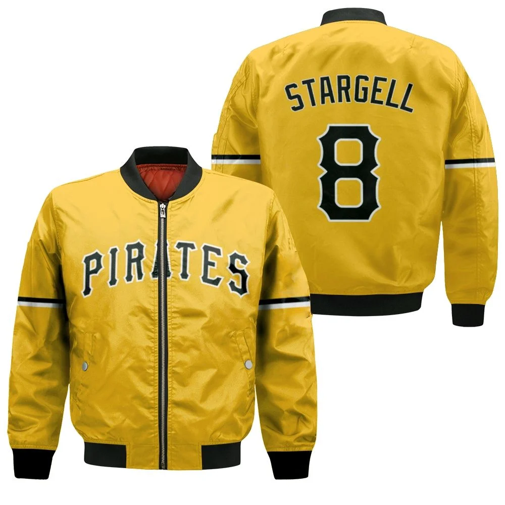 Pittsburgh Pirates Willie Stargell #8 Mlb Great Player Baseball Team Logo Majestic Official Gold 2019 3d Designed Allover Gift For Pirates Fans Bomber Jacket Pittsburgh Pirates Willie Stargell #8 Mlb Great Player Baseball Team Logo Majestic Official Gold 2019 3d Designed Allover Gift For Pirates Fans Bomber Jacket