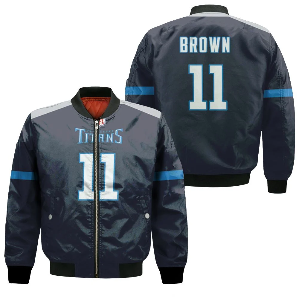 Tennessee Titans A J Brown #1 Nfl New Game Navy 2019 3d Designed Allover Gift For Titans Fans Bomber Jacket Tennessee Titans A J Brown #1 Nfl New Game Navy 2019 3d Designed Allover Gift For Titans Fans Bomber Jacket