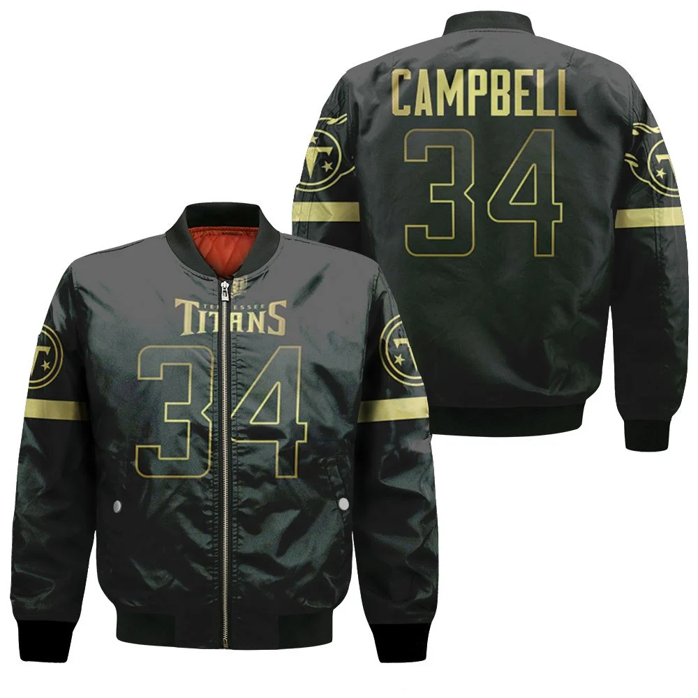 Tennessee Titans Earl Campbell #34 Nfl America Football Team Logo Black Golden Edition 3d Designed Allover Gift For Titans Fans Bomber Jacket Tennessee Titans Earl Campbell #34 Nfl America Football Team Logo Black Golden Edition 3d Designed Allover Gift For Titans Fans Bomber Jacket