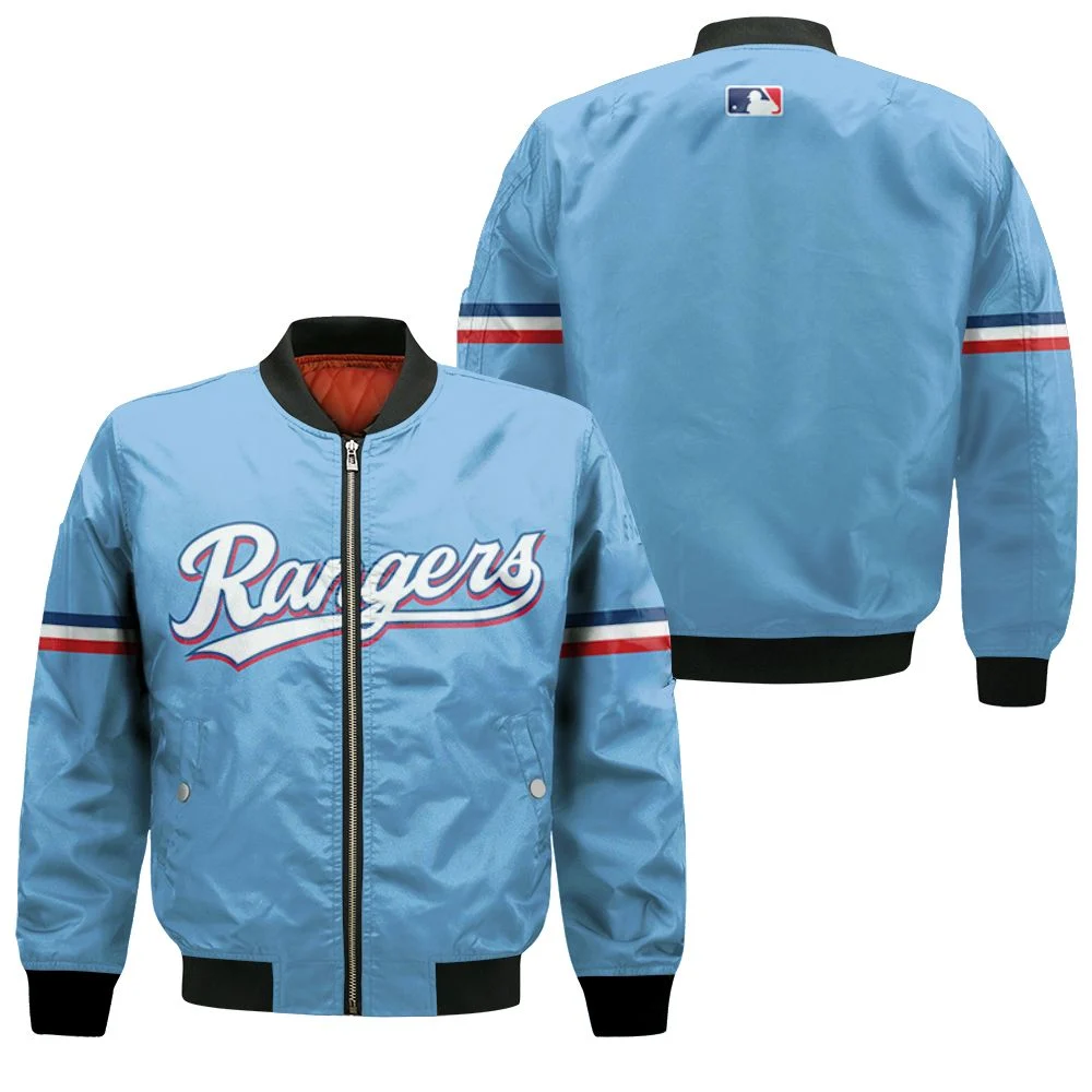 Texas Rangers 2020 Mlb Team Light Blue Jersey Inspired Style Bomber Jacket Texas Rangers 2020 Mlb Team Light Blue Jersey Inspired Style Bomber Jacket