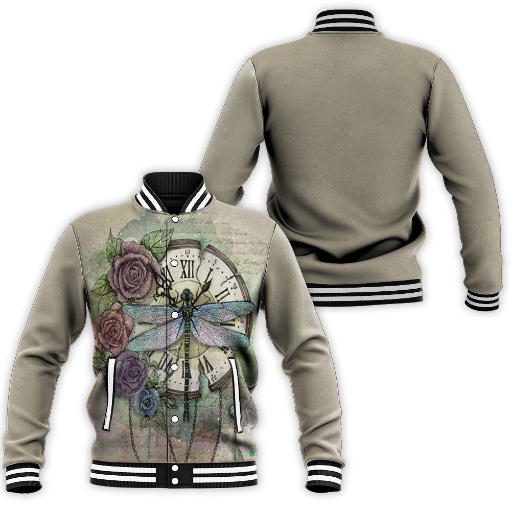 Time Flies Dragonfly Rose Clock 3d Baseball Jacket Time Flies Dragonfly Rose Clock 3d Baseball Jacket