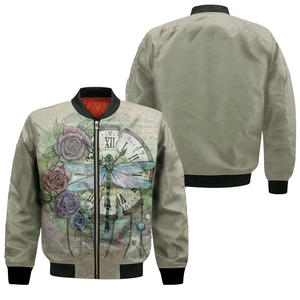 Time Flies Dragonfly Rose Clock 3d Bomber Jacket Time Flies Dragonfly Rose Clock 3d Bomber Jacket
