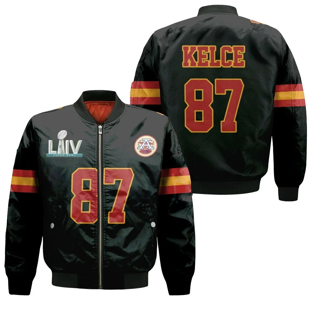 Travis Kelce 87 Kansas City Chiefs Nfl Black Jersey Inspired Style Bomber Jacket Travis Kelce 87 Kansas City Chiefs Nfl Black Jersey Inspired Style Bomber Jacket