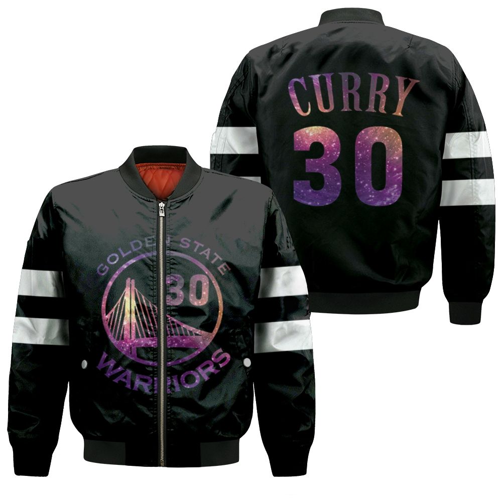 Warriors Stephen Curry Iridescent Black Jersey Bomber Jacket Warriors Stephen Curry Iridescent Black Jersey Bomber Jacket