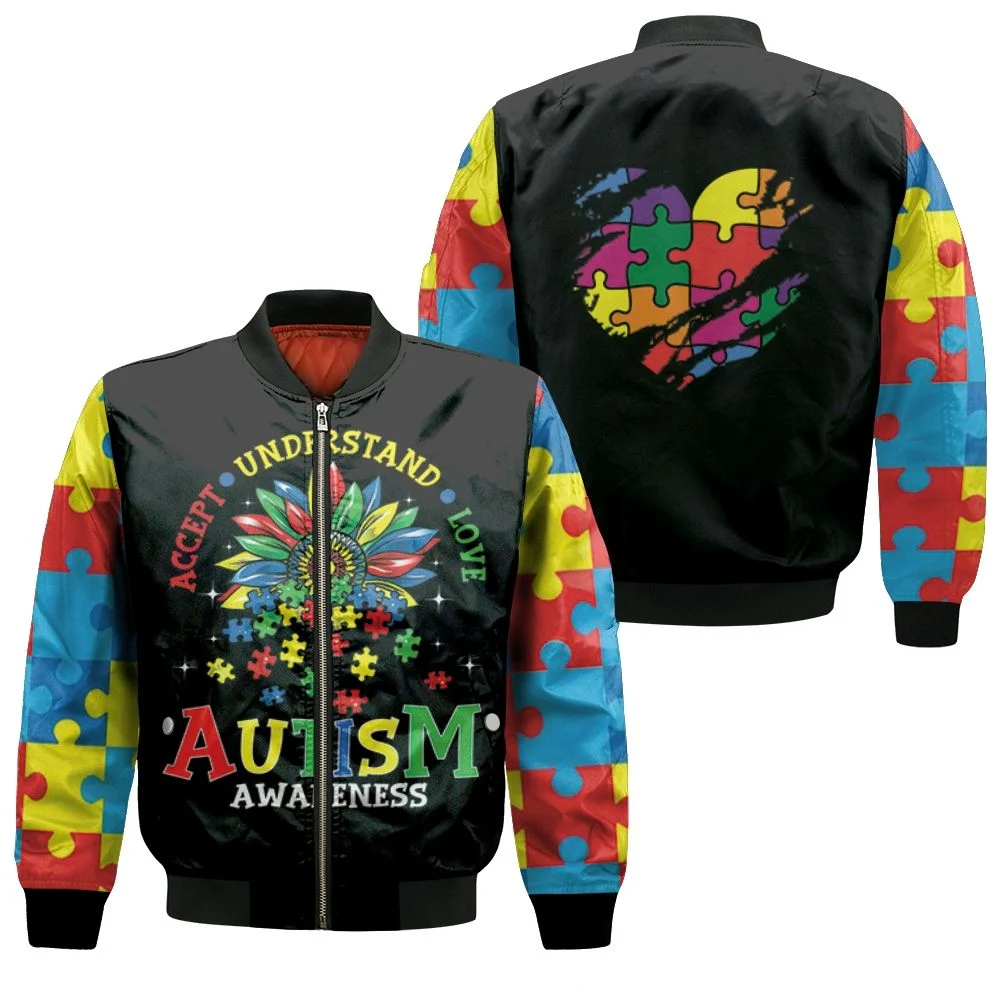 Accept Understand Love Autism Support Bomber Jacket Accept Understand Love Autism Support Bomber Jacket