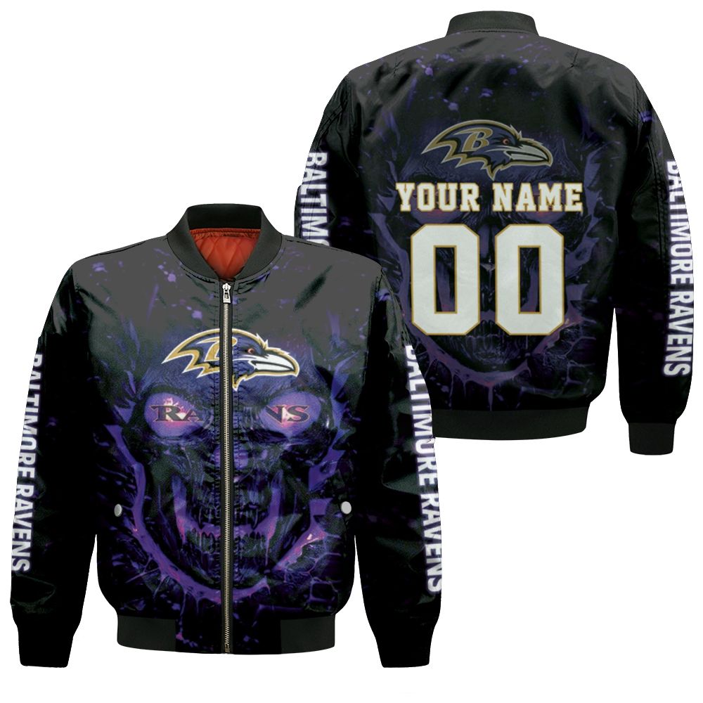 Baltimore Ravens Nfl Skull For Fan 3d Personalized Bomber Jacket Baltimore Ravens Nfl Skull For Fan 3d Personalized Bomber Jacket