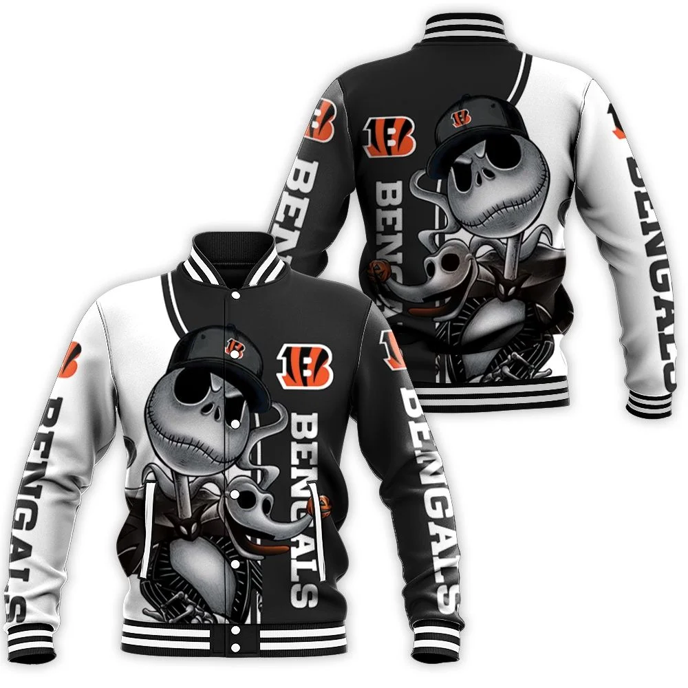 Cincinnati Bengals Jack Skellington And Zero Baseball Jacket Cincinnati Bengals Jack Skellington And Zero Baseball Jacket