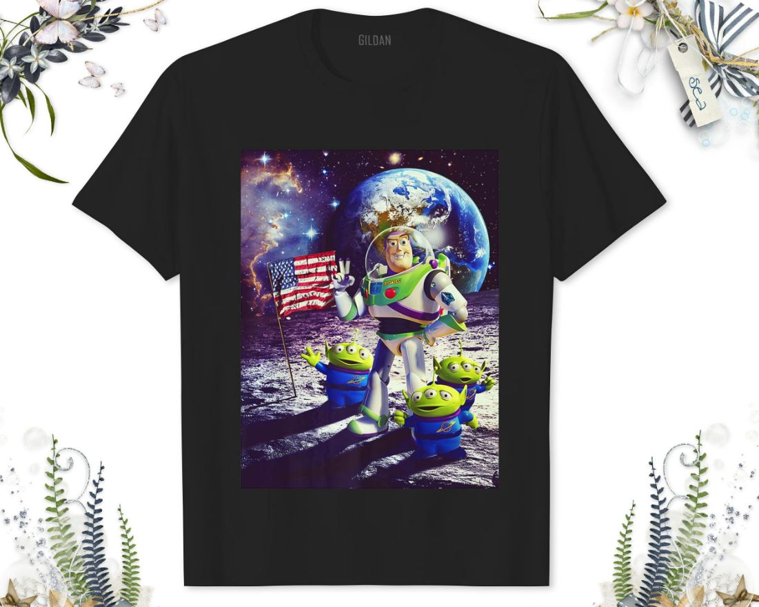 Disney Toy Story Buzz And Aliens On The Moon Photo Unisex Adult T-Shirt Disney Toy Story Buzz And Aliens On The Moon Photo Unisex Adult T-Shirt