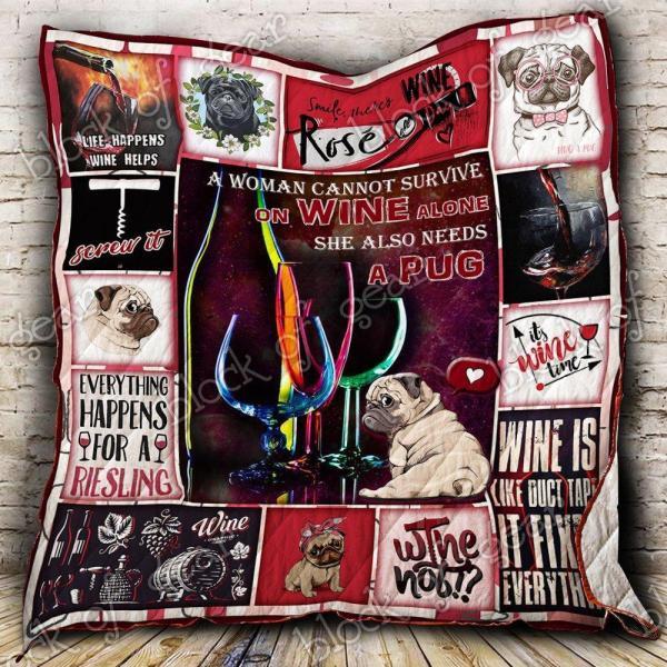 Wine And Pug Quilt Blanket Tt0906 Wine And Pug Quilt Blanket Tt0906