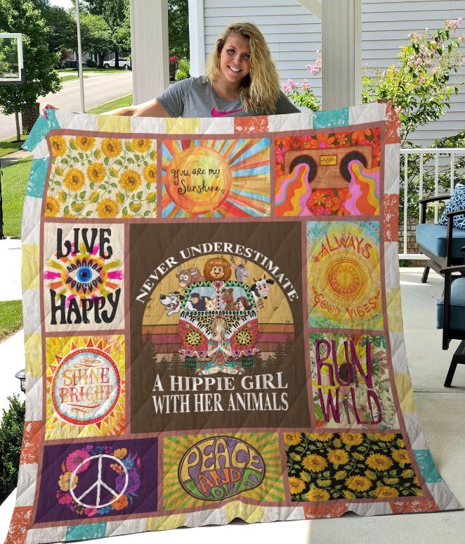 A Hippie Girl With Her Animals Quilt Blanket A Hippie Girl With Her Animals Quilt Blanket