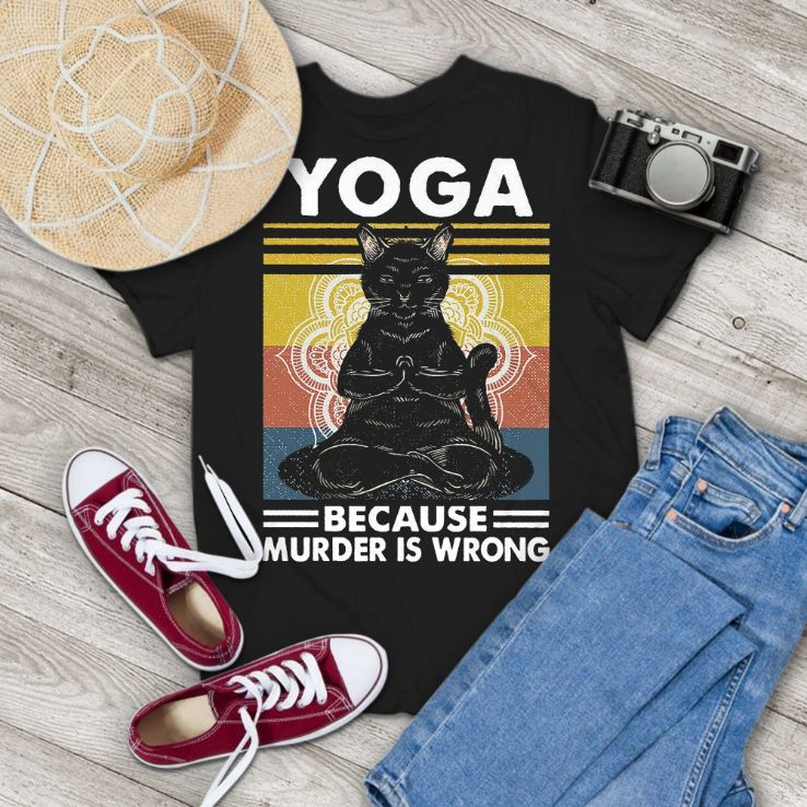 Black Cat Hippies Yoga Because Murder Is Wrong Vintage Mens T-Shirt Black Cat Hippies Yoga Because Murder Is Wrong Vintage Mens T-Shirt