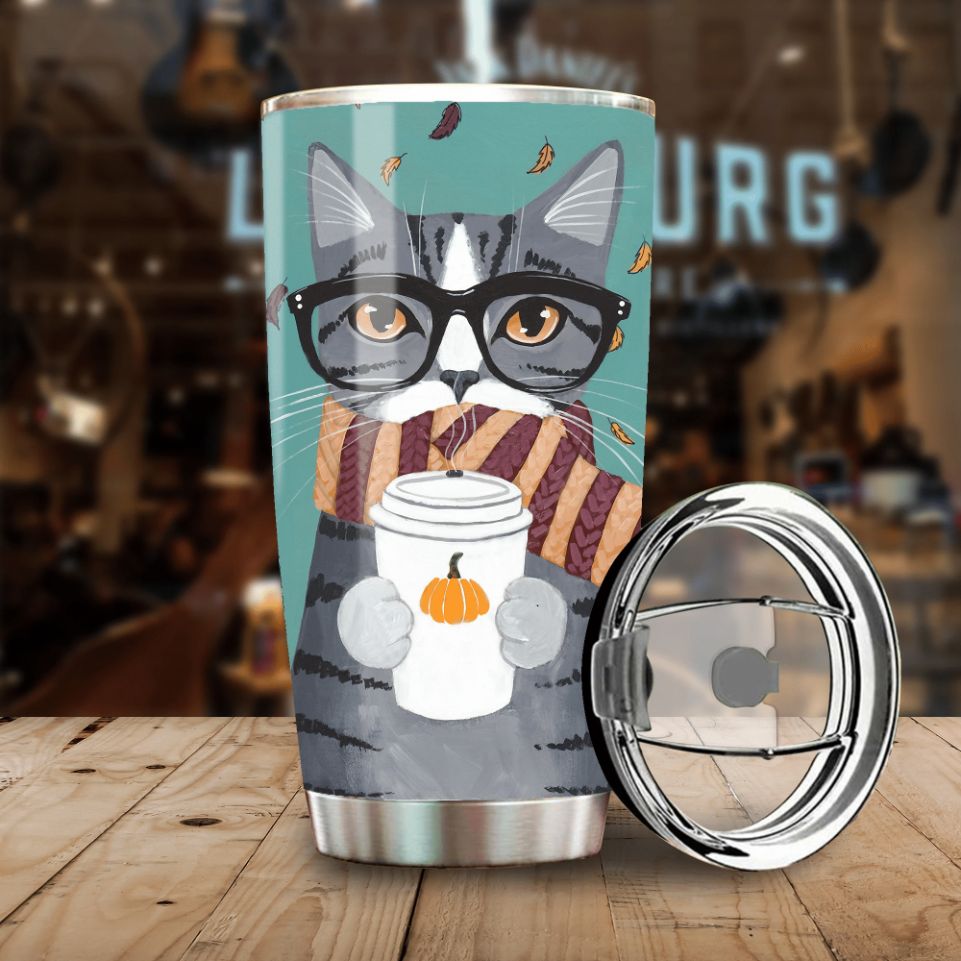 Cat With Glasses Drinks Tea Stainless Steel Cup Cat With Glasses Drinks Tea Stainless Steel Cup