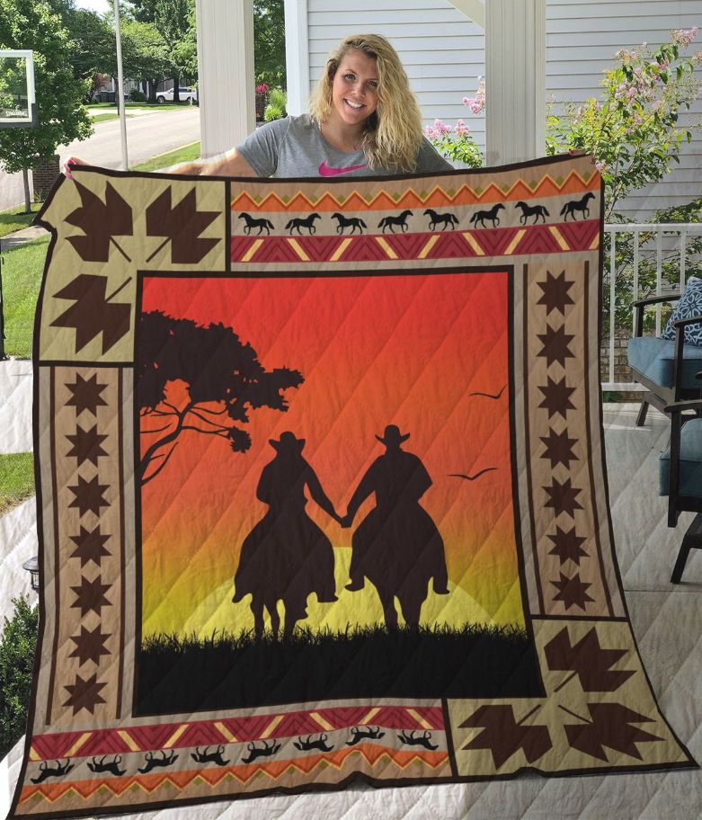 Couple At Dawn Horse Cowboy Quilt Blanket Couple At Dawn Horse Cowboy Quilt Blanket