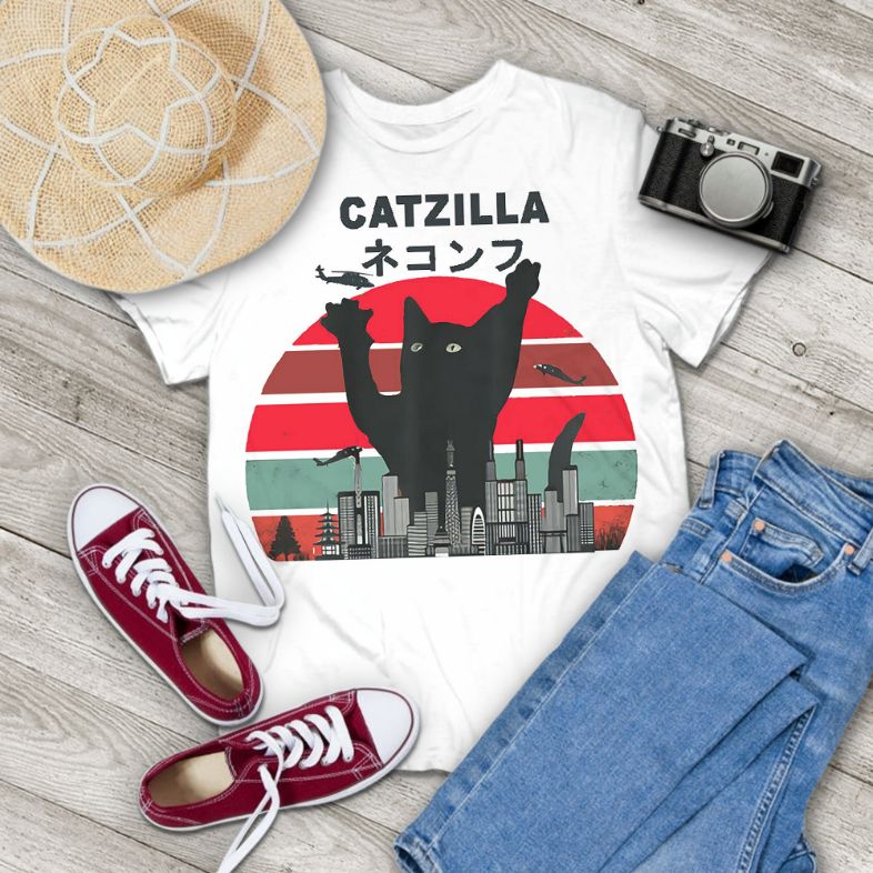 New Catzilla Japanese Sunset Style Vintage T-Shirt New Catzilla Japanese Sunset Style Vintage T-Shirt