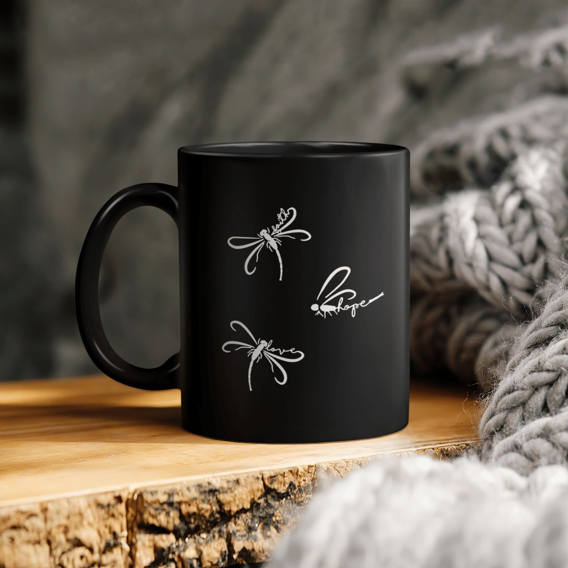 Stylized Dragonfly Motifs Love Faith Hope Ceramic Coffee Mug Stylized Dragonfly Motifs Love Faith Hope Ceramic Coffee Mug