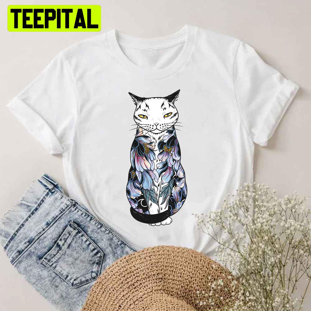Cat In Cosmic Black Peonies Tattoo Unisex T-Shirt Cat In Cosmic Black Peonies Tattoo Unisex T-Shirt