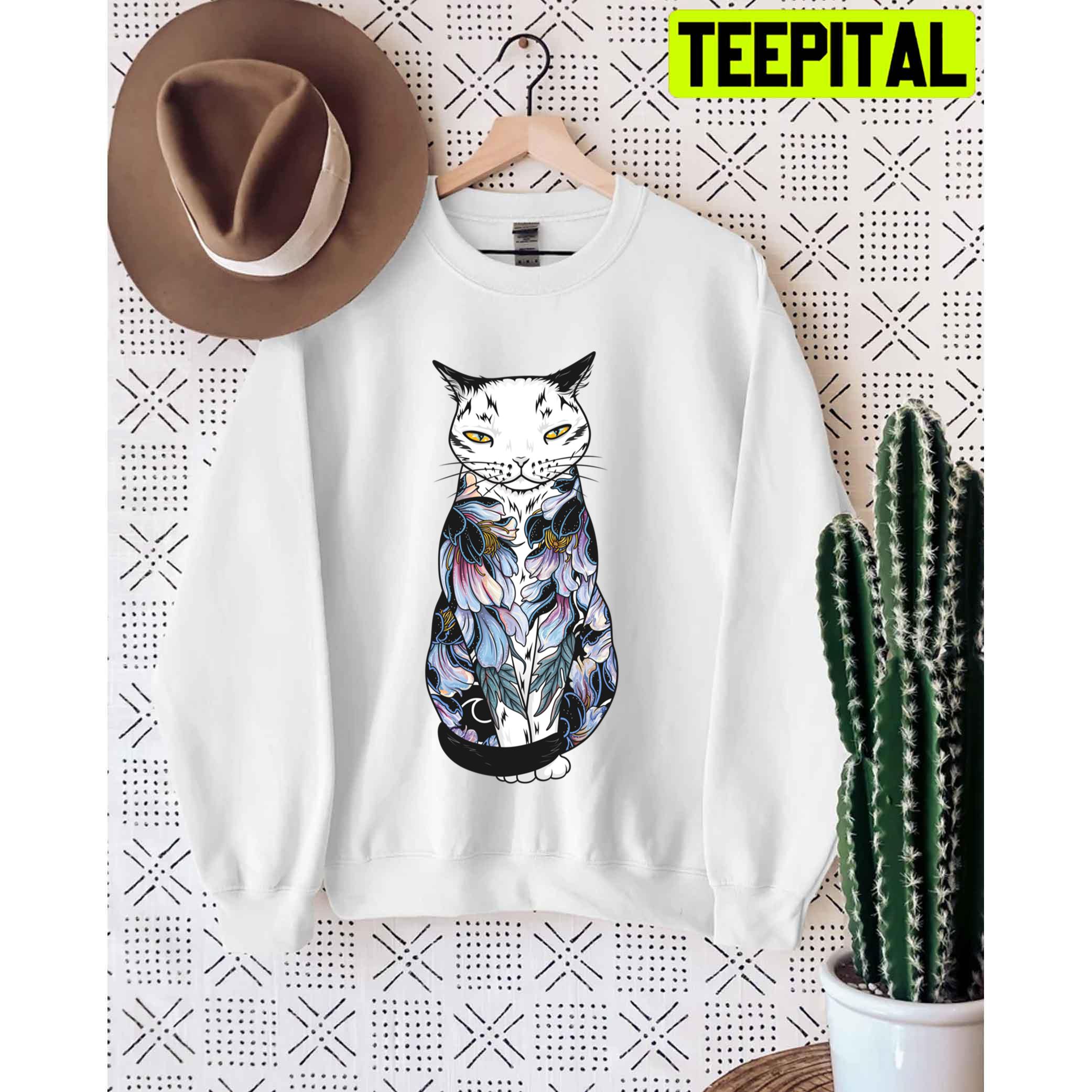 Cat In Cosmic Black Peonies Tattoo Unisex T-Shirt Cat In Cosmic Black Peonies Tattoo Unisex T-Shirt