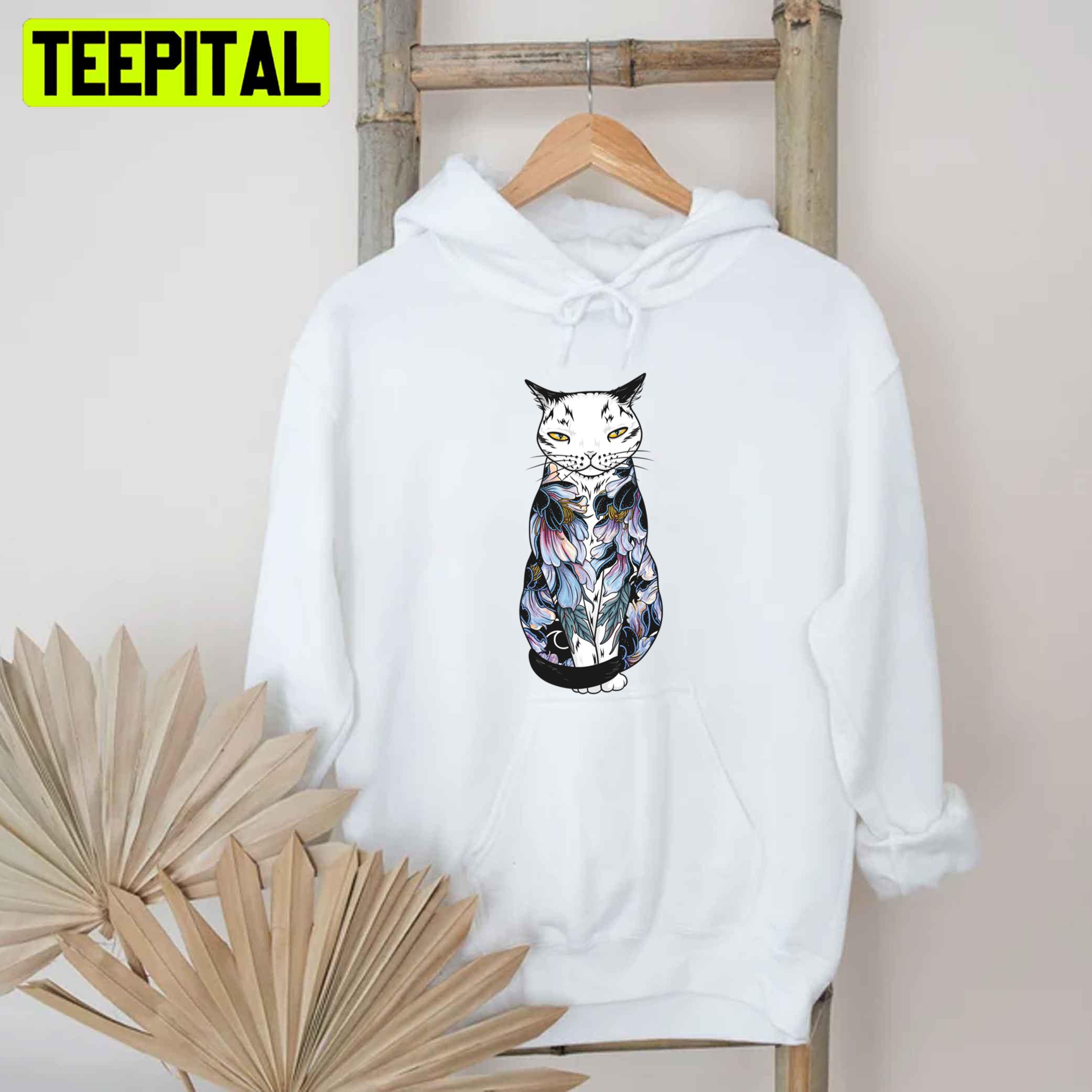 Cat In Cosmic Black Peonies Tattoo Unisex T-Shirt Cat In Cosmic Black Peonies Tattoo Unisex T-Shirt