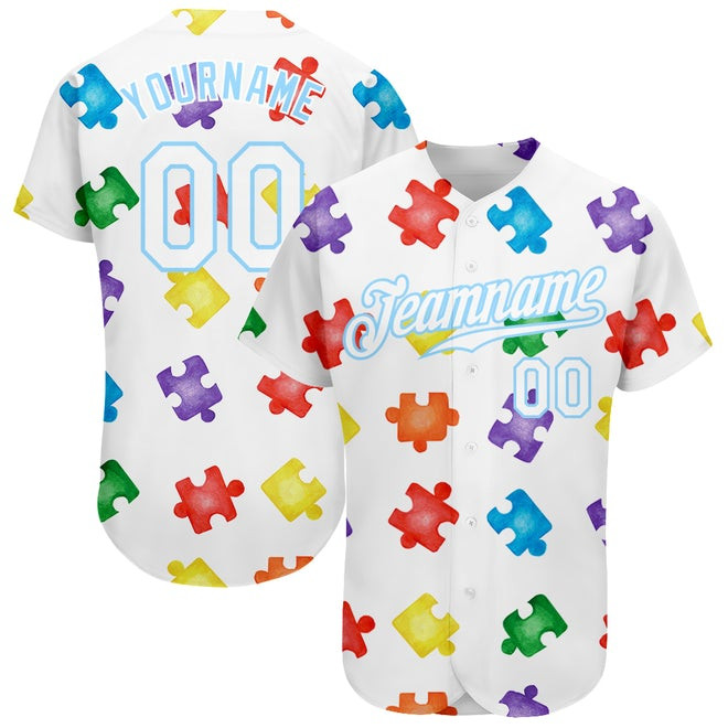 Custom Autism Awareness Puzzle Pieces-White Light Blue 3D Authentic Baseball Jersey Custom Autism Awareness Puzzle Pieces-White Light Blue 3D Authentic Baseball Jersey