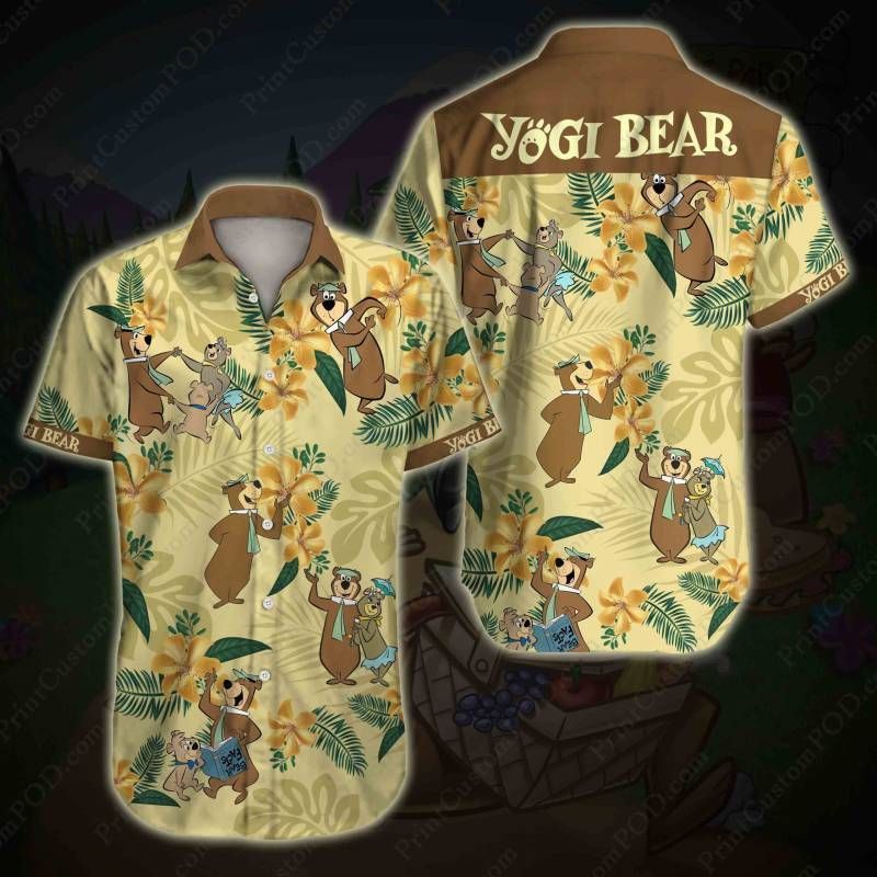 Yogi Bear Hawaiian Graphic Print Short Sleeve Hawaiian Casual Shirt N98 Yogi Bear Hawaiian Graphic Print Short Sleeve Hawaiian Casual Shirt N98