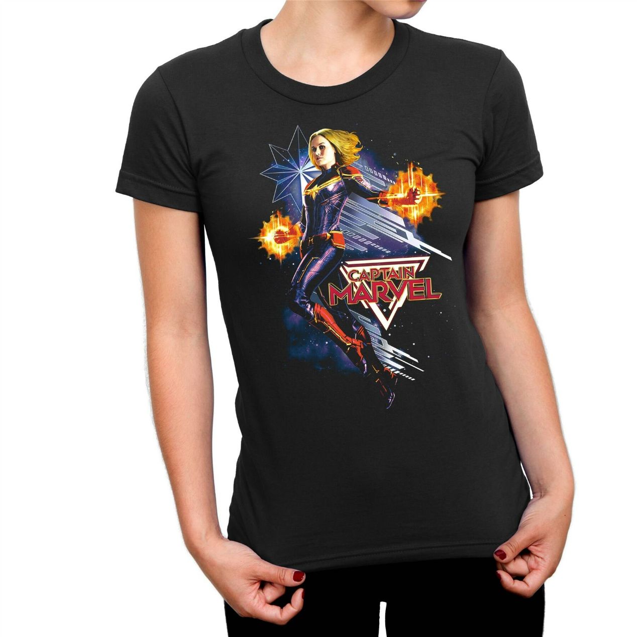 Captain Marvel Flying Galactic Shine Ladies T-Shirt Captain Marvel Flying Galactic Shine Ladies T-Shirt