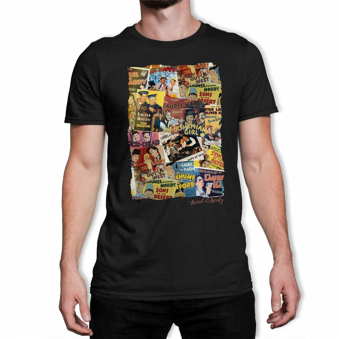 Laurel Hardy Poster Montage Square Mens Black T-Shirt Laurel Hardy Poster Montage Square Mens Black T-Shirt