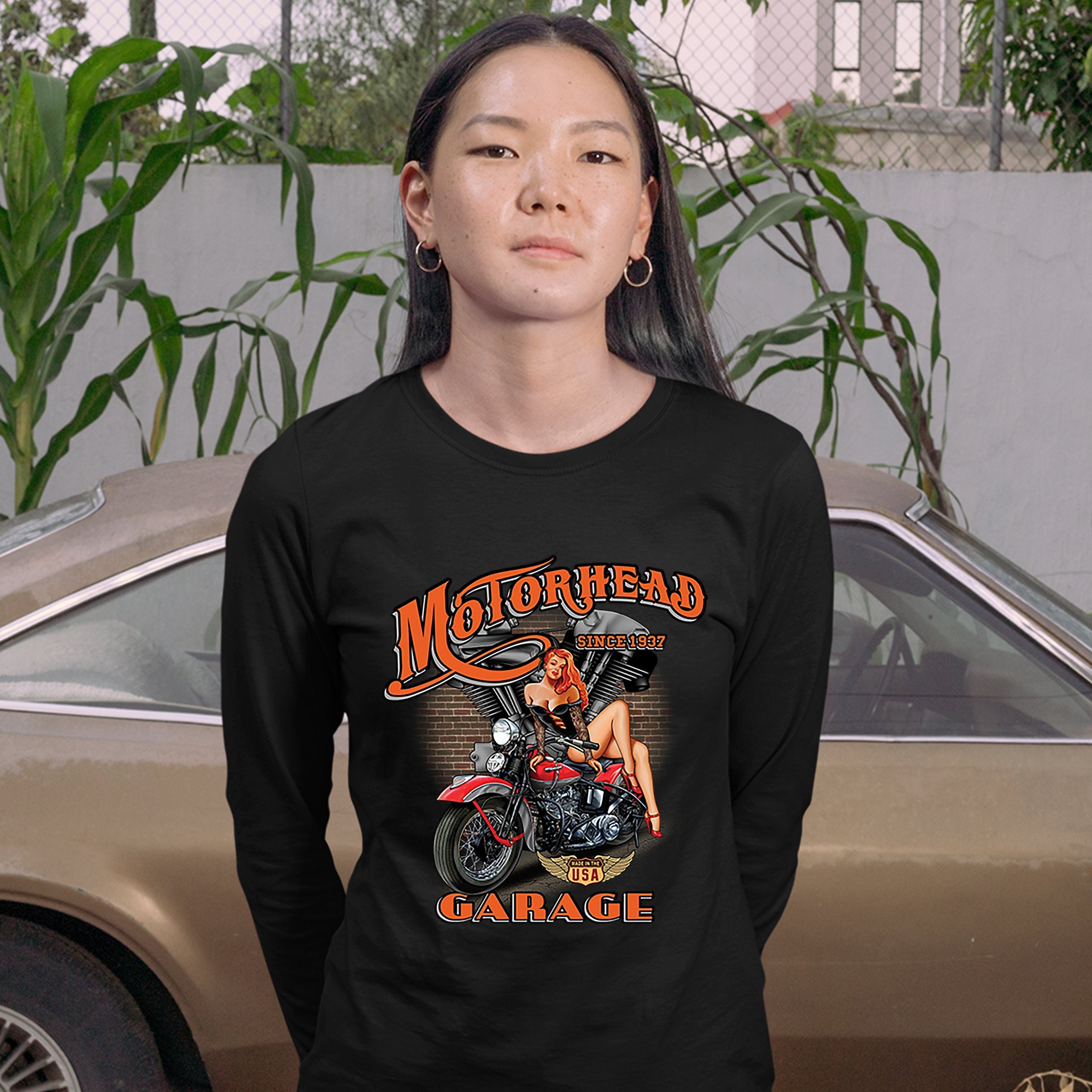 Motorhead Garage Women's Biker Motorcycle Pinup Girl Loong Sleeve Shirt Motorhead Garage Women's Biker Motorcycle Pinup Girl Loong Sleeve Shirt
