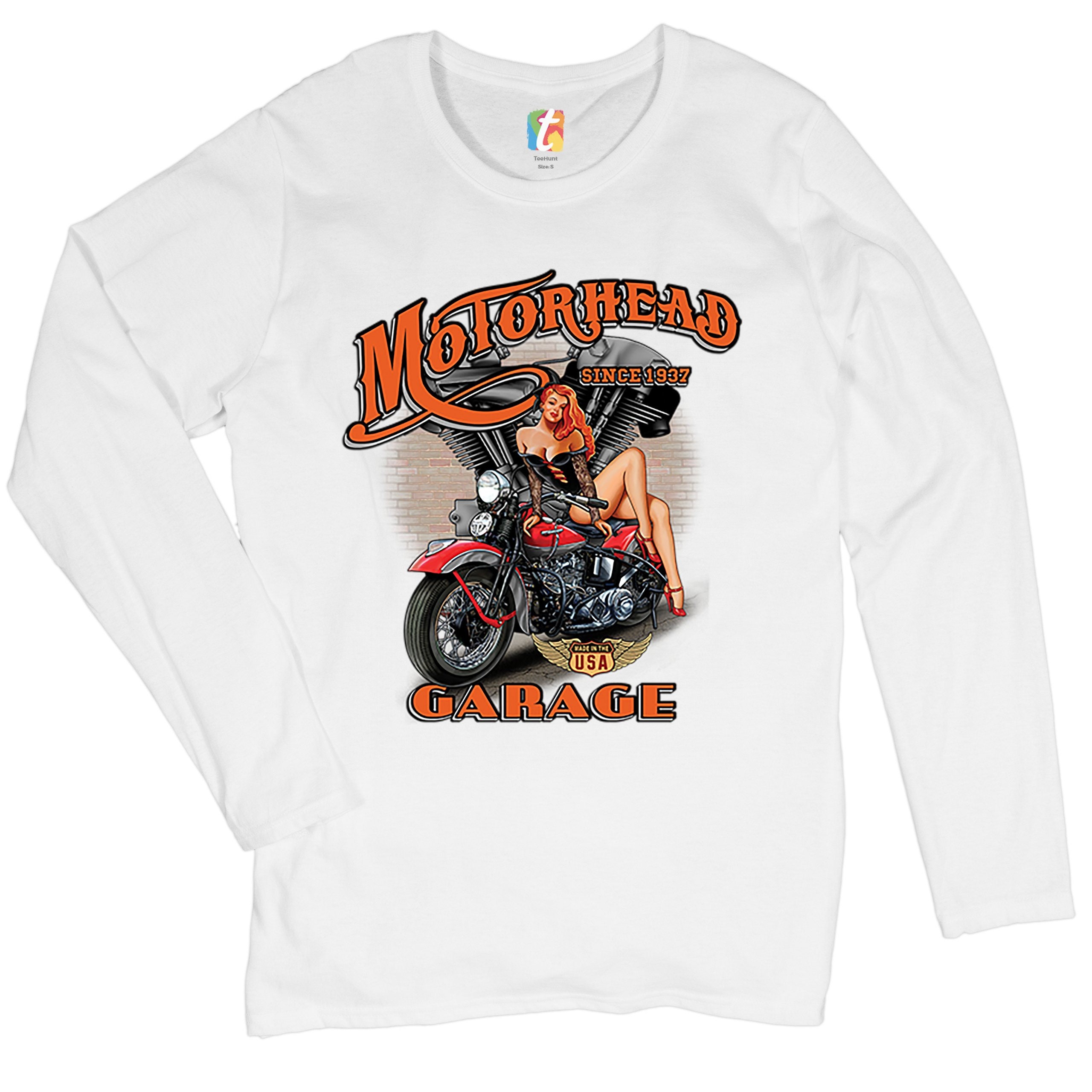 Motorhead Garage Women's Biker Motorcycle Pinup Girl Loong Sleeve Shirt Motorhead Garage Women's Biker Motorcycle Pinup Girl Loong Sleeve Shirt