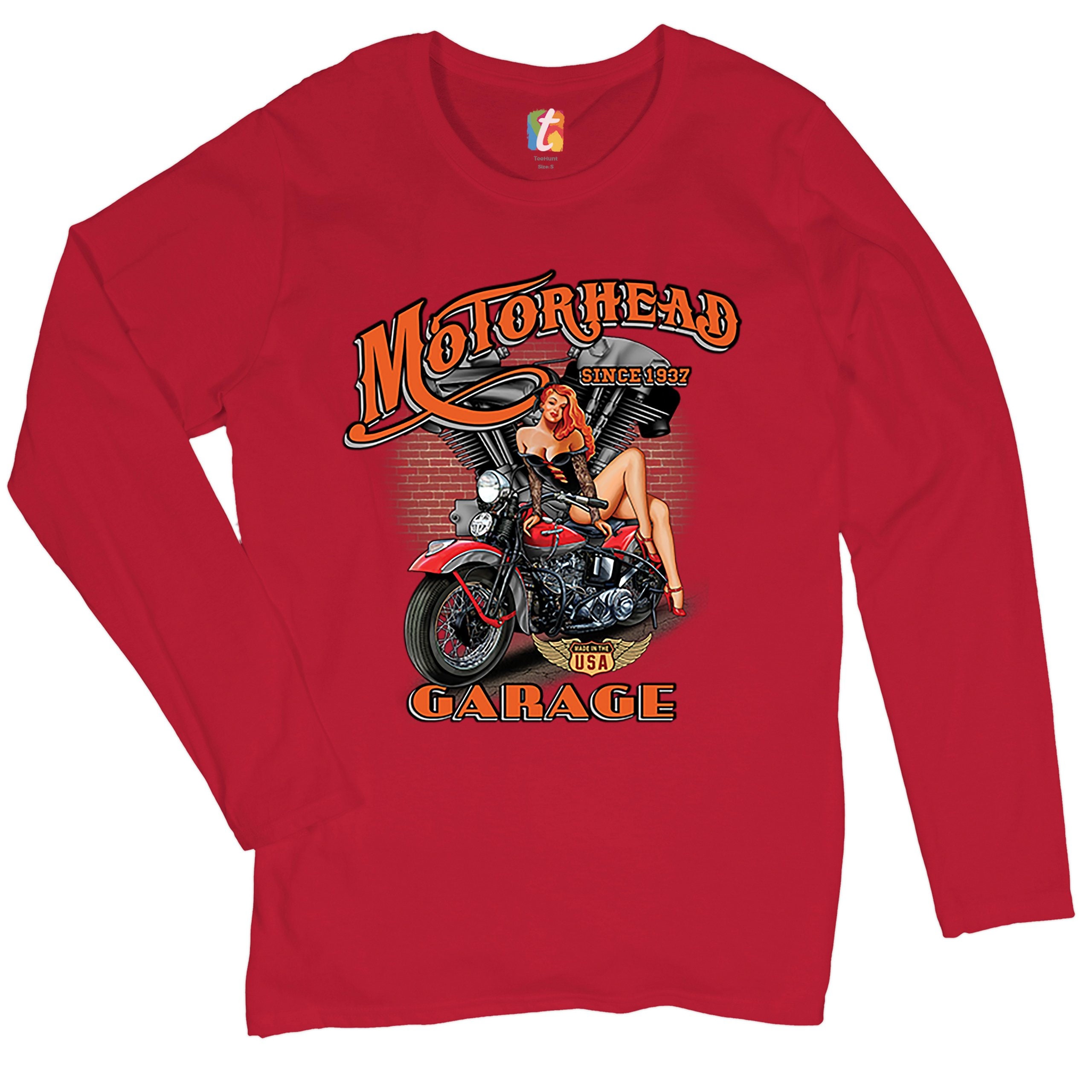 Motorhead Garage Women's Biker Motorcycle Pinup Girl Loong Sleeve Shirt Motorhead Garage Women's Biker Motorcycle Pinup Girl Loong Sleeve Shirt