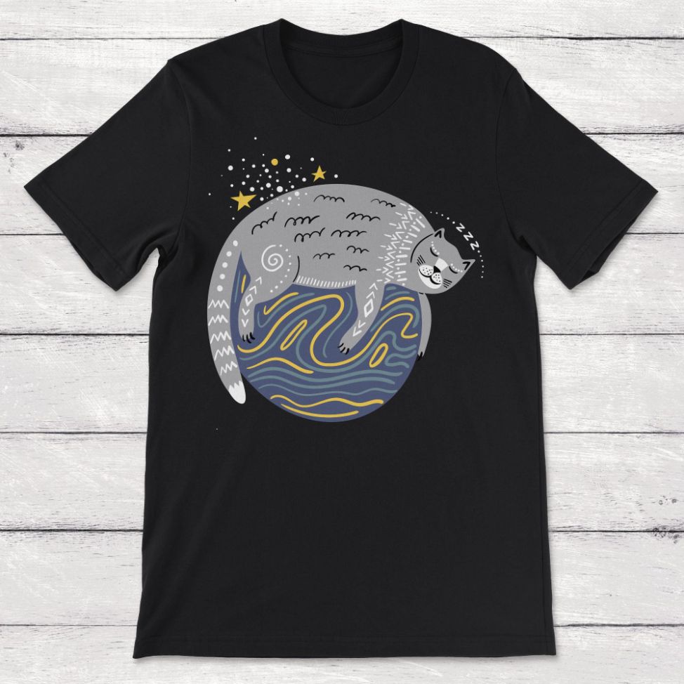 Whimsical Cat Sleeping on a Planet Unisex T-Shirt Whimsical Cat Sleeping on a Planet Unisex T-Shirt