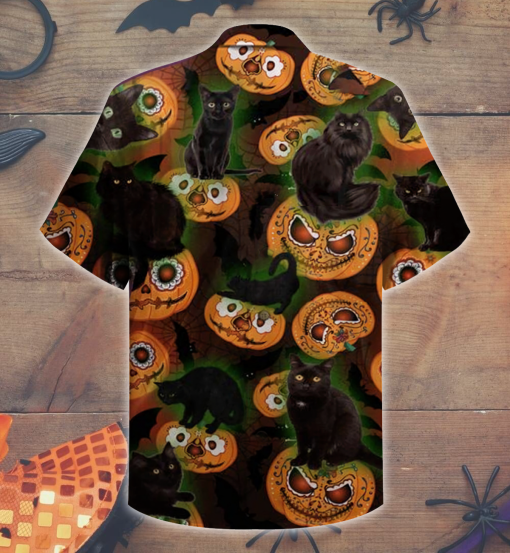 Black Cat 3d All Over Print Summer Button Design For Halloween Hawaii Shirt