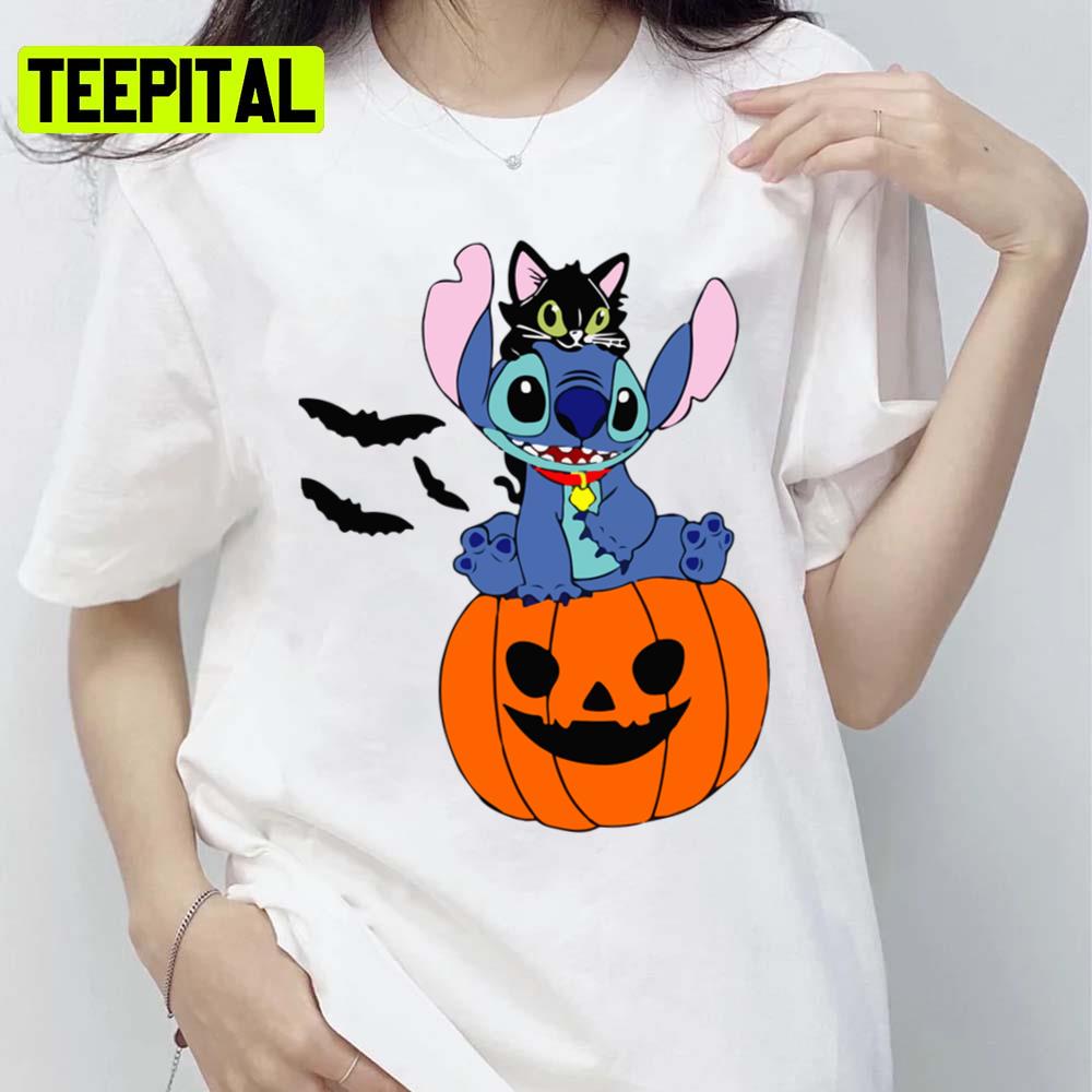 Black Cat And Pumpkin Halloween Stitch Unisex T-Shirt Black Cat And Pumpkin Halloween Stitch Unisex T-Shirt