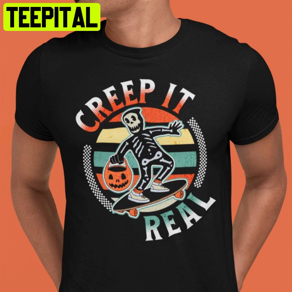 Creep It Real Vintage Spooky Skeleton Skating Unisex T-Shirt Creep It Real Vintage Spooky Skeleton Skating Unisex T-Shirt