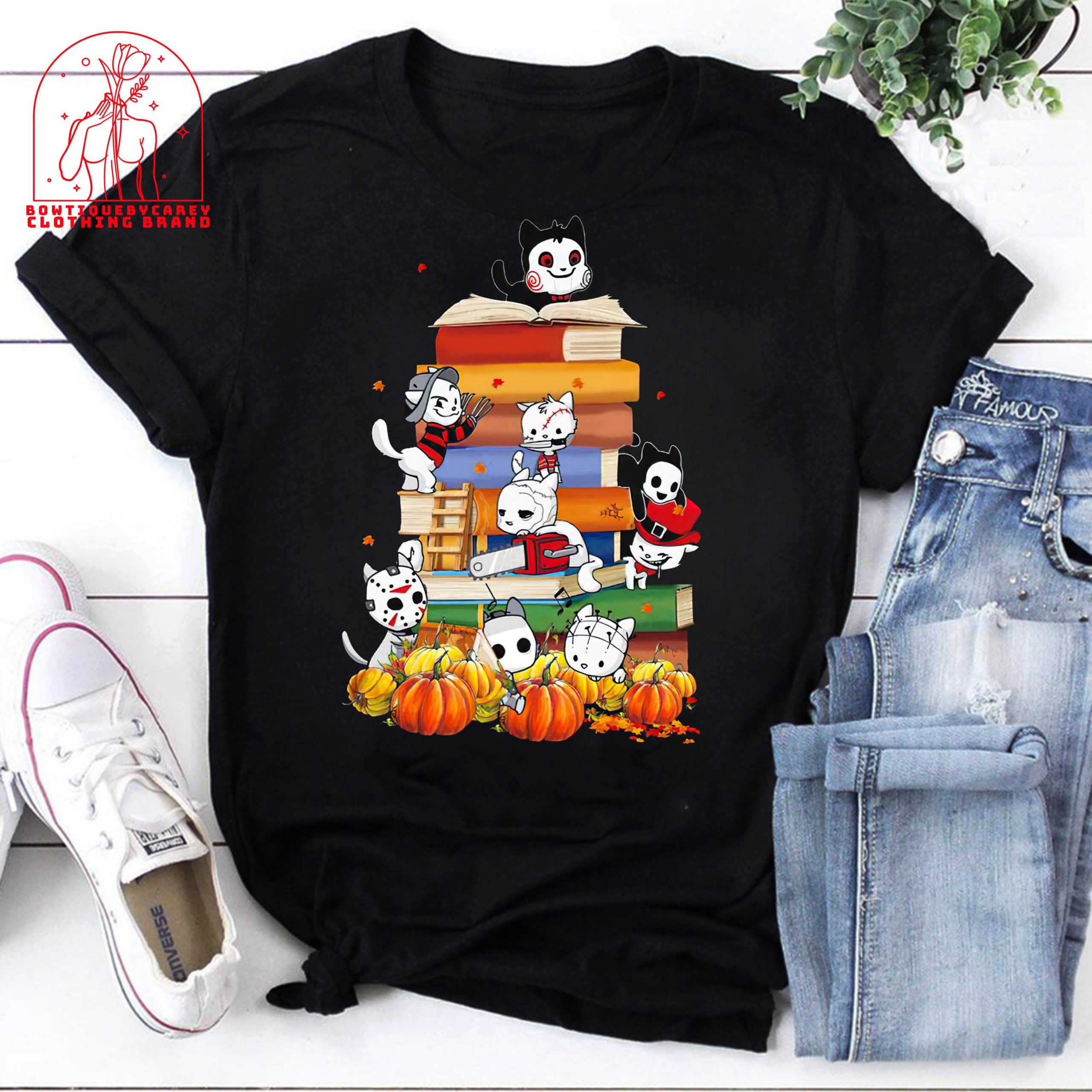 Horror Movies Cat Characters Pumpkins And Books Cat Characters Halloween Unisex T-Shirt Horror Movies Cat Characters Pumpkins And Books Cat Characters Halloween Unisex T-Shirt