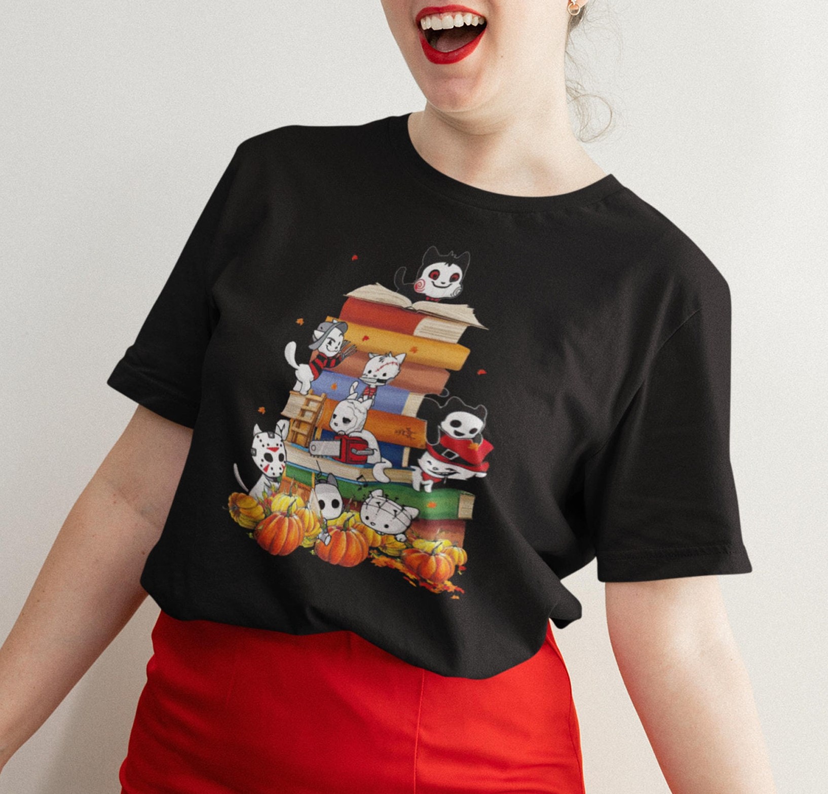 Horror Movies Cat Characters Pumpkins And Books Cat Characters Halloween Unisex T-Shirt Horror Movies Cat Characters Pumpkins And Books Cat Characters Halloween Unisex T-Shirt
