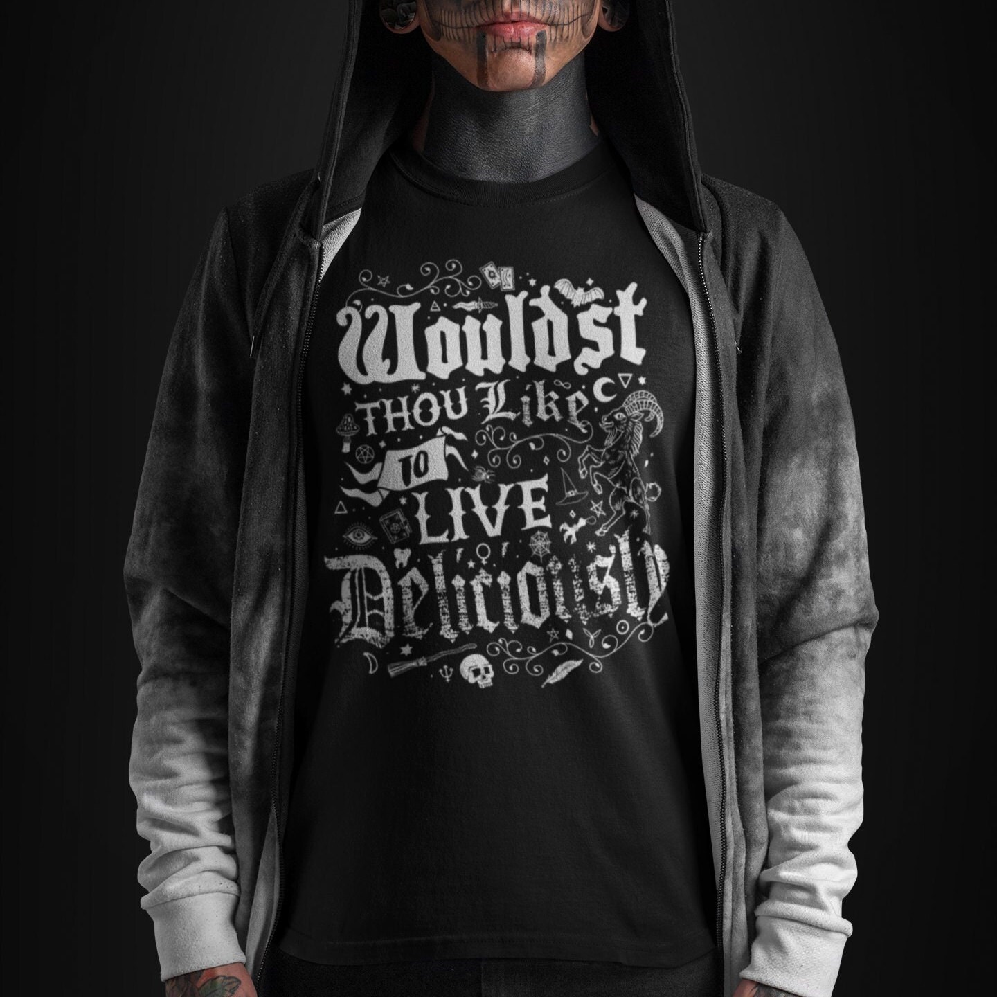 Live Deliciously Gothic Black Phillip Design Vintage Distressed Occult Witch Unisex T-Shirt Live Deliciously Gothic Black Phillip Design Vintage Distressed Occult Witch Unisex T-Shirt