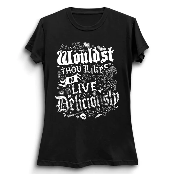 Live Deliciously Gothic Black Phillip Design Vintage Distressed Occult Witch Unisex T-Shirt Live Deliciously Gothic Black Phillip Design Vintage Distressed Occult Witch Unisex T-Shirt