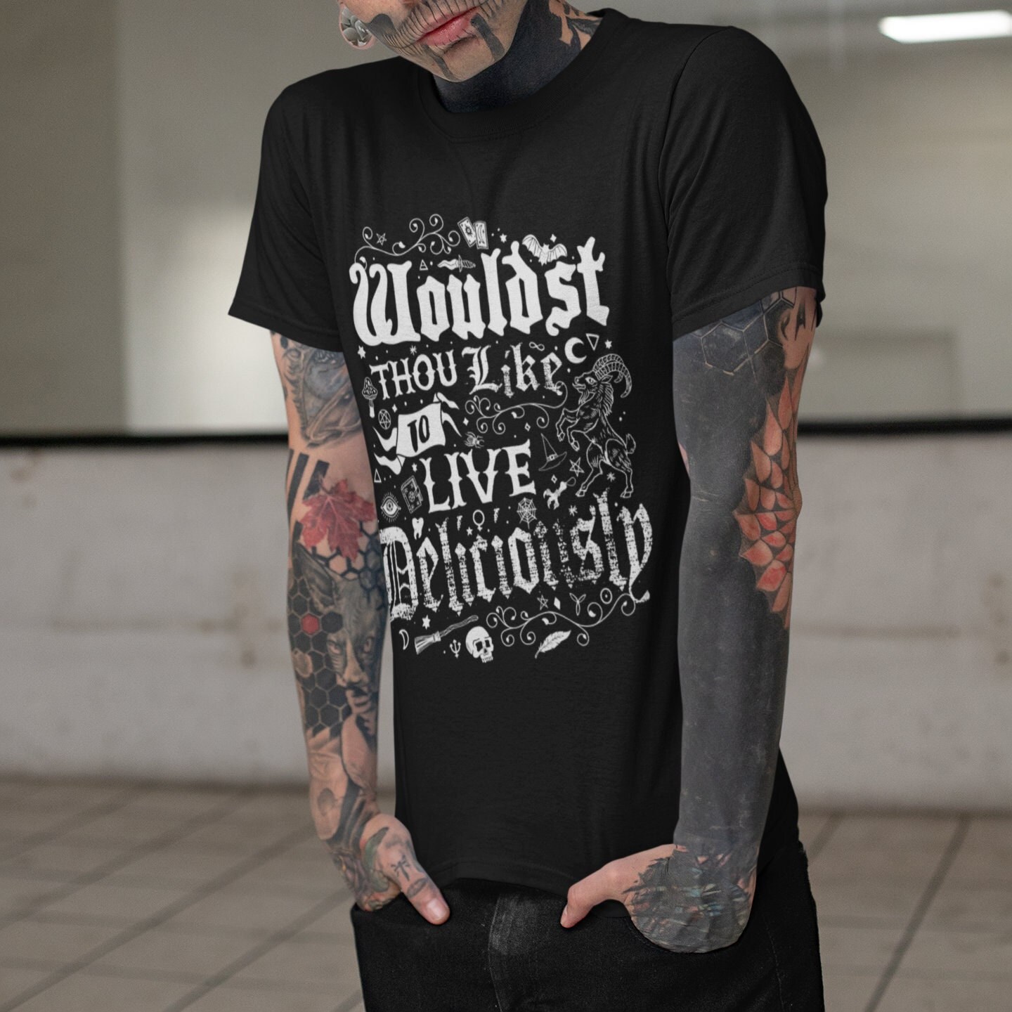 Live Deliciously Gothic Black Phillip Design Vintage Distressed Occult Witch Unisex T-Shirt Live Deliciously Gothic Black Phillip Design Vintage Distressed Occult Witch Unisex T-Shirt