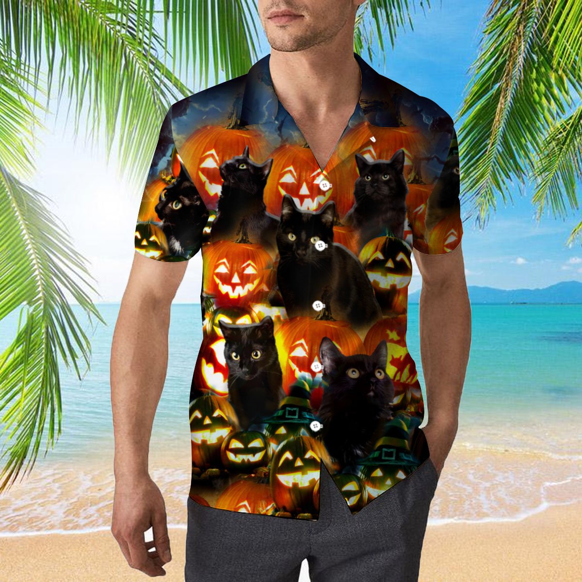 Pumkin Black Cats 3d All Over Print Button Design For Halloween Hawaii Shirt Pumkin Black Cats 3d All Over Print Button Design For Halloween Hawaii Shirt