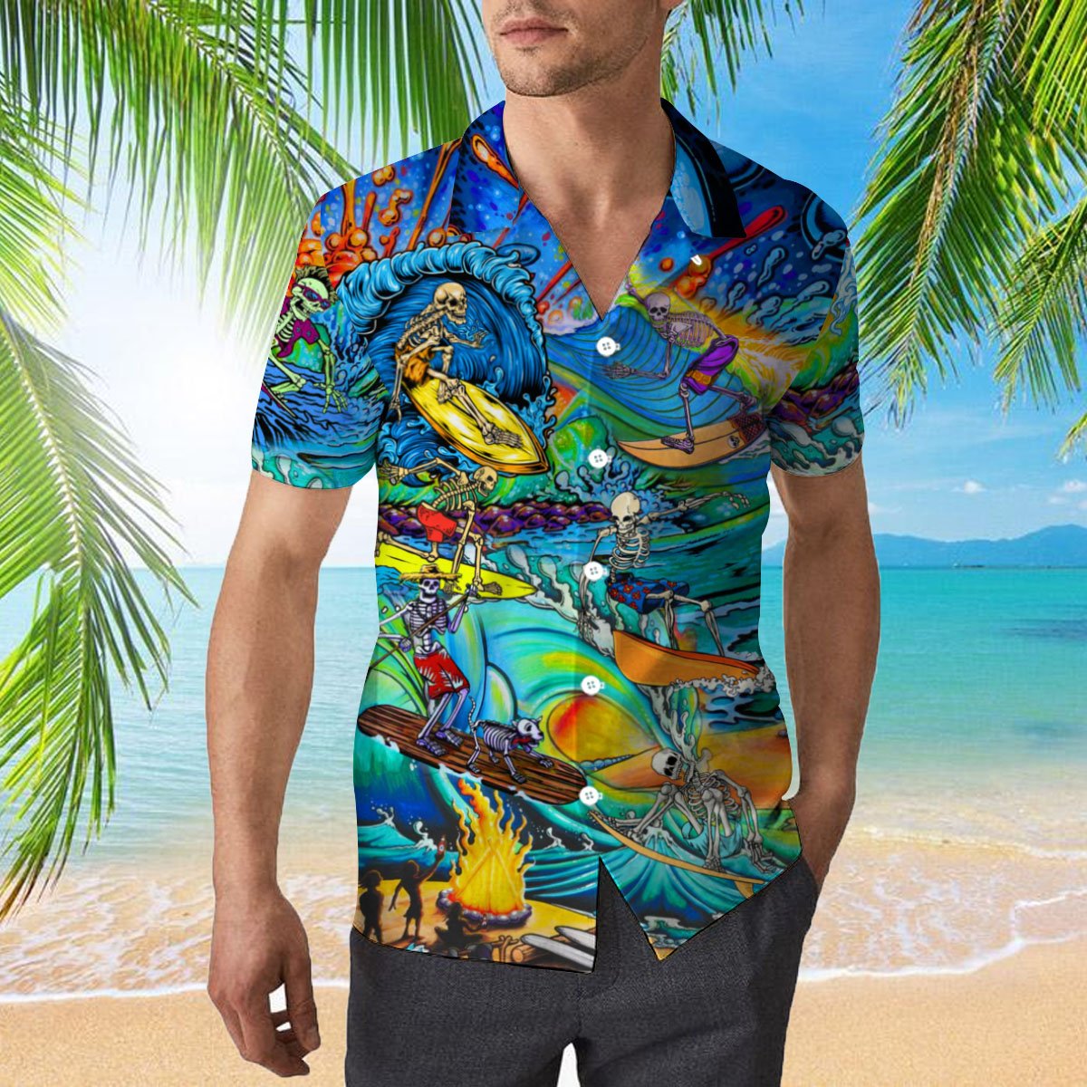 Skull Skeleton Surfing On The Beach 3d All Over Print Button Design For Halloween Hawaii Shirt Skull Skeleton Surfing On The Beach 3d All Over Print Button Design For Halloween Hawaii Shirt