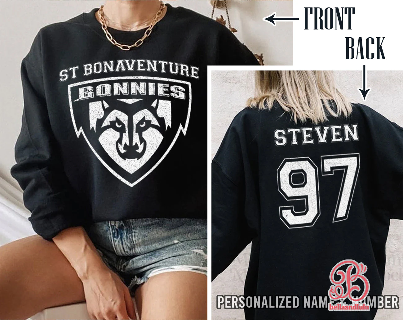 St Bonaventure Bonnies Basketball Ncaa Sports Front Back Customized Text Number Unisex Sweatshirt St Bonaventure Bonnies Basketball Ncaa Sports Front Back Customized Text Number Unisex Sweatshirt